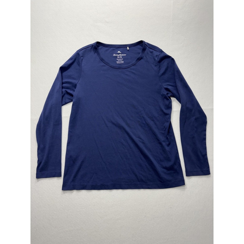 Tommy Bahama Shirt Womens XL Blue Crew Neck Long Sleeve Cotton Tee Basic Casual